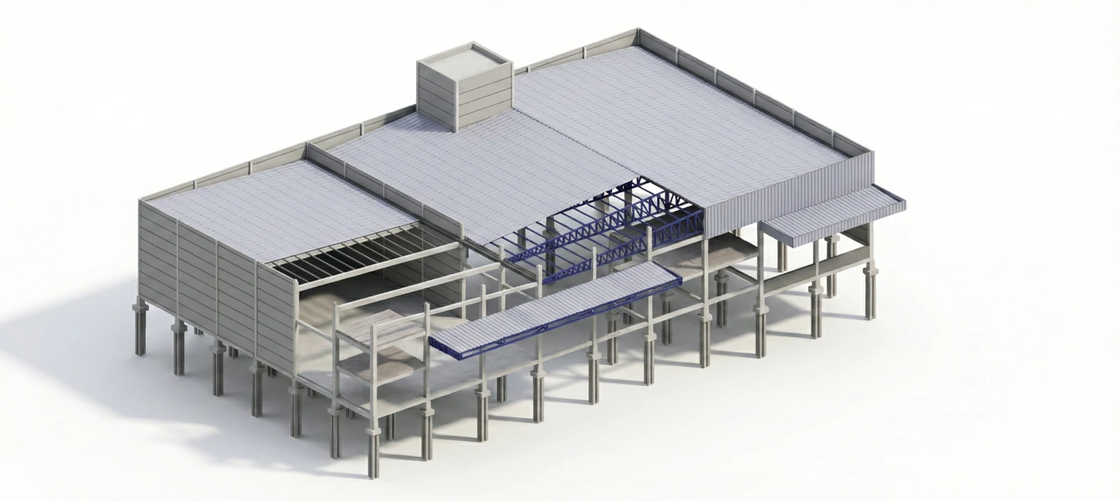 Render do galpão pré-fabricado Roberti com os 16 elementos estruturais